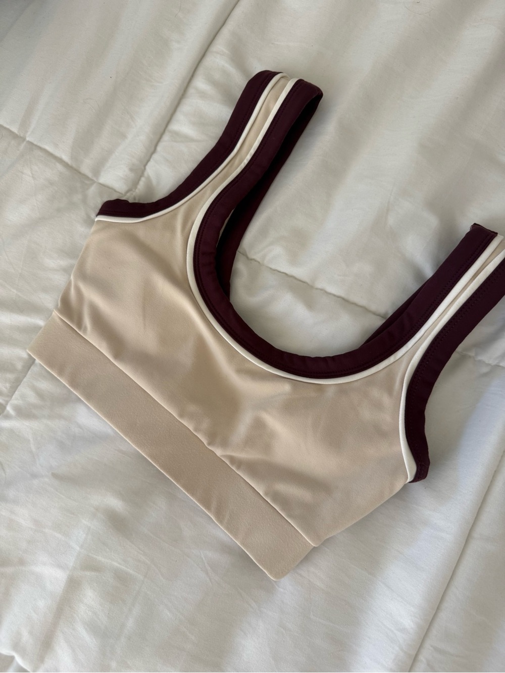 Fashion Nova Beige Sports Bra with Burgundy Trim